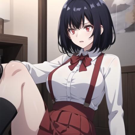 (masterpiece, best quality:1.2),illustration,8k,hd,1girl,solo,bangs,large breasts,red eyes,skirt,suspenders,suspender skirt,socks,black hair,collared shirt,short hair,kneehighs,school uniform,red skirt,white shirt,long sleeves,glowing eyes,<lora:Hanako-V1:0.6>,