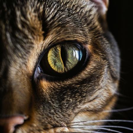 Photo of a cat's eye, intensely illuminated, capturing the intricate details of its iris and fur. The rest of the feline's face is hidden in shadows, creating a sense of intrigue and curiosity