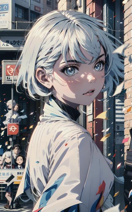 (best quality, masterpiece), 1girl, looking at viewer, blurry background, contemporary, dress, (line art:1), cute, short hair, school uniform, fleckes, sunshine, on the sidewalk, <lora:add_detail:0>, <lora:眼睛双:1>, (cloudy sky:0.5), perfect eyes, white hair, small breast, teen, upper body, simetry,