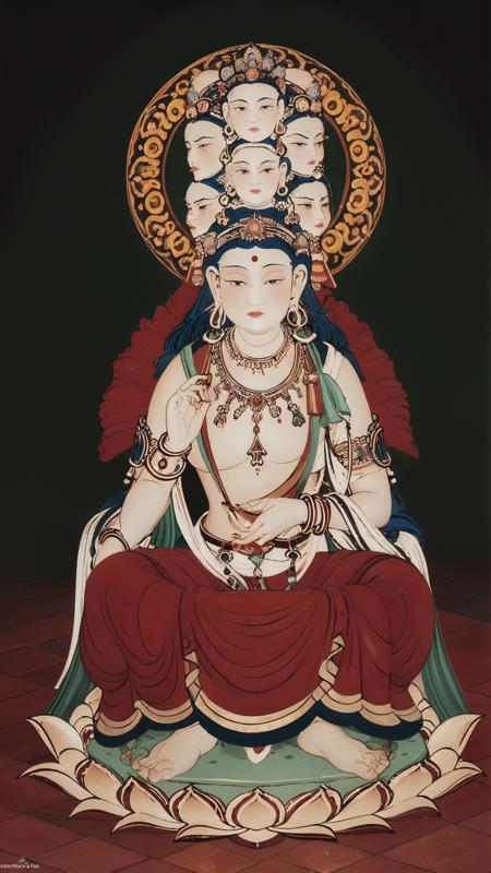 Duohuan,(illustration:1.1),(bestquality),(masterpiece:1.1),soft portrait shot 8 k,jewelry,solo,1boy,barefoot,holding,sitting,necklace,bracelet,male focus,indian style,circle,earrings,full body,lotus throne,Heavenly eye,Multiple heads,
<lora:Dunhuang V2.0-000009:1>,