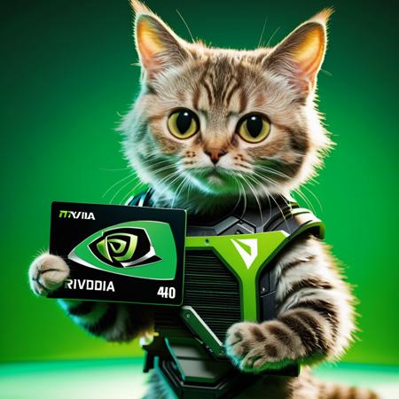 a cute  cat  hold a  NVidia RTX 4090 graphic card in his hand, fantasy ,