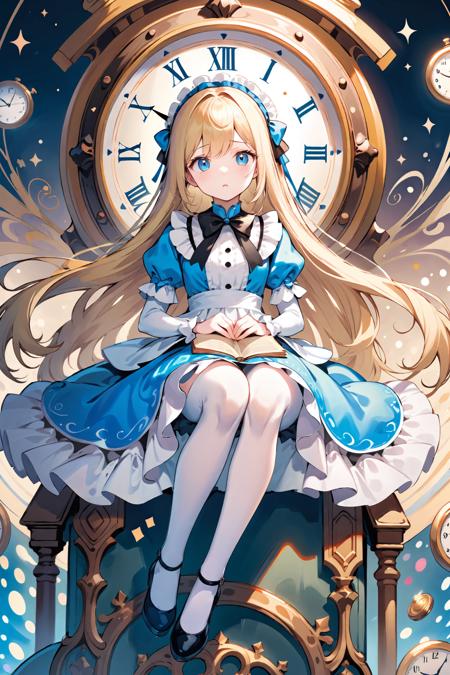 ultra-detailed,(best quality),((masterpiece)),(highres),original,extremely detailed 8K wallpaper,(an extremely delicate and beautiful),
anime,
Alice in Wonderland,1girl blonde straight hair serious stocking sit clocks ( manga-anime , gradient by Yuumei Victo Ngai),