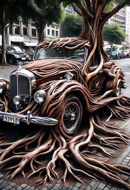 morph-treeroots , vintage car,polished chrome details,classic style design,in city,photography<lora:tree roots_0_100_V1-000008:1>