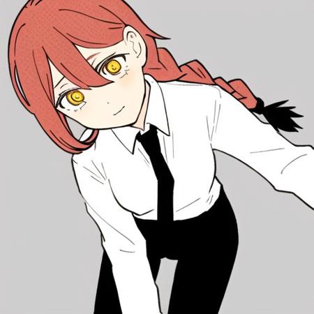 makima \(chainsaw man\), 1girl, bangs, black necktie, black pants, braid, braided ponytail, collared shirt, long sleeves, necktie, red hair, ringed eyes, shirt,, solo, uniform, white shirt, yellow eyes, small breasts 

 <lora:chainsawmanED4style:0.7>   <lora:makimaChainsawMan_offset:0.7>