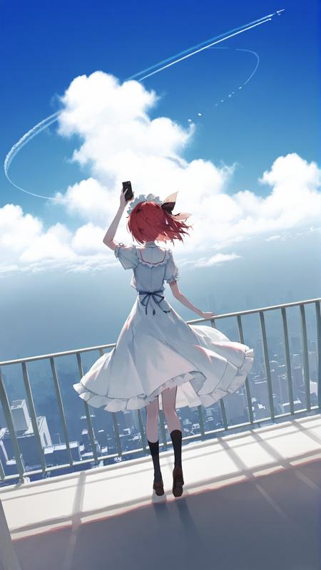 high quality, best quality, by rsef, 1girl, flandre_scarlet, solo, sky, cloud, scenery, outdoors, dress, contrail, railing, day, blue sky, white dress, short sleeves, wide shot, camera, black socks, <lora:rsef:1>