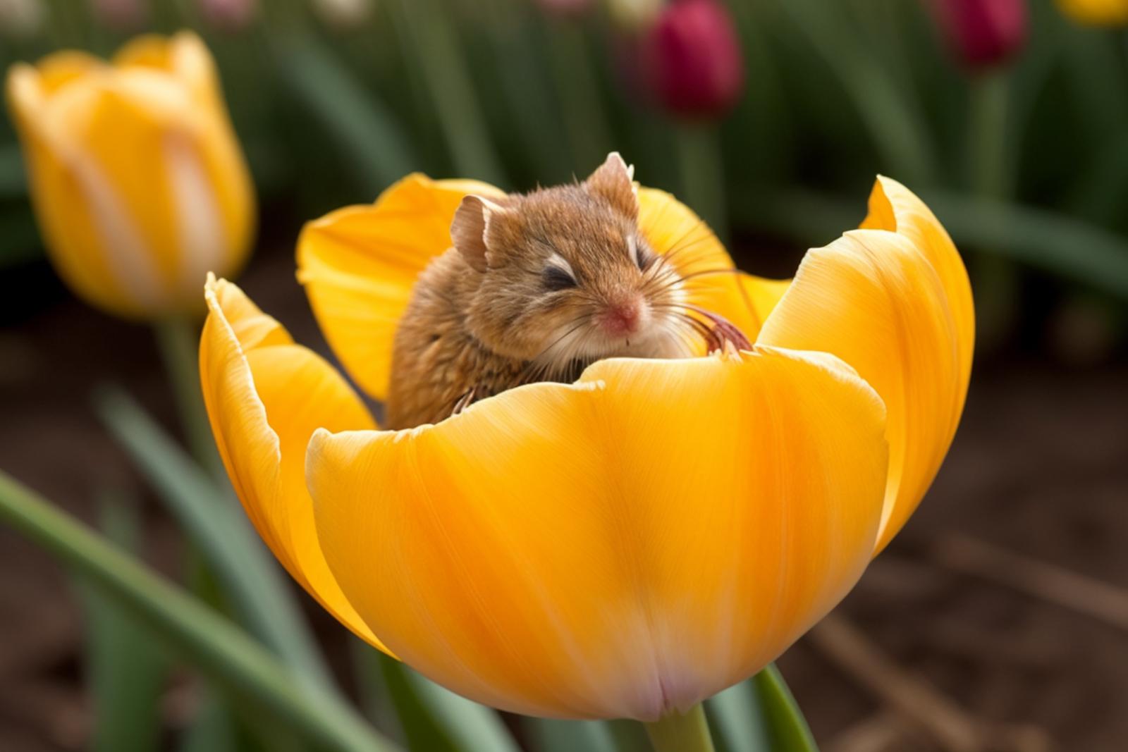 A small brown mouse sitting in the flower petals of a yellow tulip.