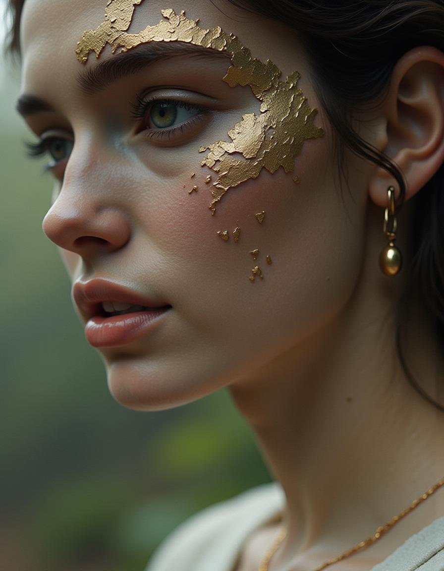 a 19 year old woman, she has an oval shaped face with a (smooth round chin:3.0), 
a jagged  narrow crack like broken crockery runs down her face, it has been filled with gold, it looks like a kinsugi repair
 <lora:InSaNe_Detail_FLUX-000001:1.2>