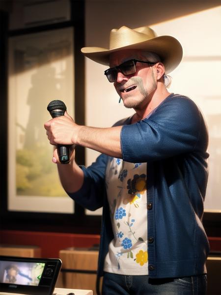 masterpiece, best quality, ultra-detailed, illustration,
karaokeroom, scenery, joypad, AT-CLM7000TX, microphone, karaoke, 
older man, (mascular male:1.8), Fine macho, silver hair, short cut, sunglasses, cowboy hat, hold microphone, laughing, thumbs up, 
 <lora:KaraokeRoomV2-000008_1.0_MID5:1>