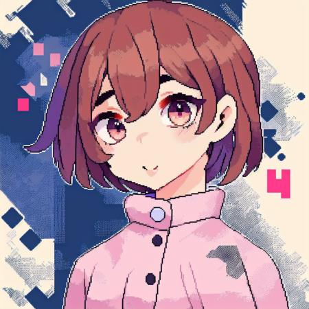 pixel_art, 1girl, solo, pink pajamas, brown hair, short hair