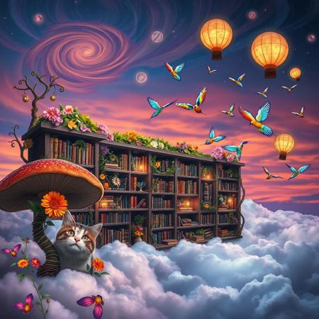 Create an image of a whimsical library floating in the clouds, where the books are made of vibrant flowers and the shelves are crafted from twisted vines. In the foreground, a curious cat with iridescent fur curiously peeks out from behind a giant, oversized mushroom. Above, the sky is a surreal blend of twilight colors, with swirling galaxies and oversized, glowing orbs resembling celestial lanterns. A flock of birds with kaleidoscopic feathers dances through the scene, casting rainbow shadows on the library below.