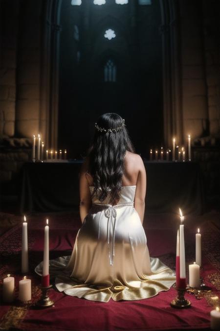 RAW photo, 8k uhd, dslr, high quality, ultra-realistic, realistic, realism, film grain, Fujifilm XT3.
View from behind, dark gothic-room lit by candles•ancient stone alter•(golden chalice)•(blood spilling out).
1woman wearing a (satin white dress)•voluptuous body•kneeling•worshiping