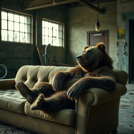 A drunk degenerate grizzly bear chilling on a sofa in an abandoned building in the evening, realistic photograph