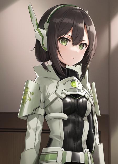 <lora:Kusunoki_Mebuki-10:0.7>,masterpiece, best quality, 1girl,solo,Kusunoki_Mebuki,short hair, gloves,hair between eyes,belt,bodysuit,headgear, cover,black bodysuit,upper body,light green armor