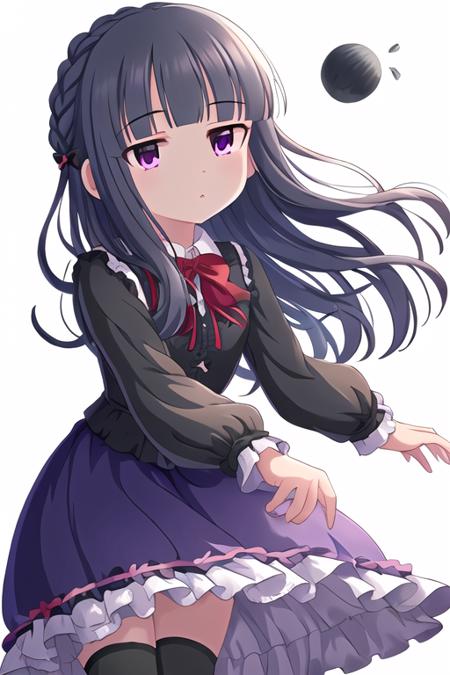 Sajo Yukimi, 1girl, black footwear, black skirt, black thighhighs, bow, braid, , blunt bangs, female focus, french braid, frilled shirt, frills, hair bow, long hair, long sleeves, looking at viewer, purple eyes, red bow, shirt, shoes, simple background, skirt, solo, standing, straight hair, thighhighs, white background, white shirt
<lora:deresute-000016:1>