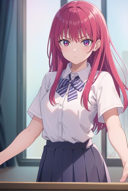 sakisaki, <lora:saki saki s2-lora-nochekaiser:1>,
saki saki, long hair, bangs, (red eyes:1.3), red hair,
BREAK skirt, shirt, bow, school uniform, white shirt, short sleeves, pleated skirt, bowtie, blue skirt, 
BREAK indoors, classroom,
BREAK looking at viewer, (cowboy shot:1.5),
BREAK <lyco:GoodHands-beta2:1>, (masterpiece:1.2), best quality, high resolution, unity 8k wallpaper, (illustration:0.8), (beautiful detailed eyes:1.6), extremely detailed face, perfect lighting, extremely detailed CG, (perfect hands, perfect anatomy),