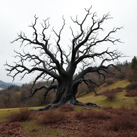 a massive dead cherry tree in the middle of a hill, unique shape, asymmetrical, bad weather