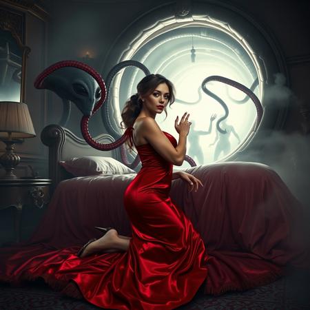 Classy lady in a rich red, glossy satin nightgown, elegant high heels, and bold lip color, kneeling on a luxurious Victorian bed, surrounded by weird foil pillows, struggles to break free from the grasp of long, slimy alien tentacles emerging from a giant, swirling portal in the wall, shrouded in fog, as two gray aliens with large, almond-shaped eyes observe her from the portal's threshold, leading to an ominous, dimly lit alien spaceship harem chamber, inspired by the dark, sensual, and surreal styles of H.R. Giger, Zdzisław Beksiński, and Ash Thorp, with intricate textures, metallic sheens, and an eerie, pulsing glow. from behind