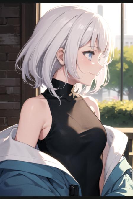 <lora:KanameRana-04:0.7>,ranamygo, 1girl, solo, smile, short hair, white hair, shirt, bare shoulders, closed mouth, jacket, upper body, sleeveless, off shoulder, from side, black shirt, sleeveless shirt, profile, turtleneck