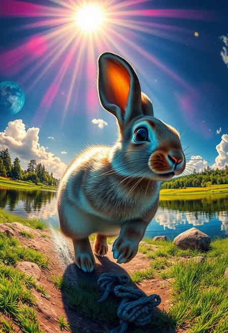 comic (rabbit) is (running:1.05) to the viewer whilst Moulting,, (dynamic:1.1), sun rays,, (taken by 7.5mm fisheye lens:1.1) (looking to the right)
=
With a rainbow nebula background elements . Epic dynamic lighting .(2. Serene Lakeside Sunset)
=
=
((Vivid, HDR, Canon50, 8K,  Hyper Realistic, Dramatic, Epic, Dynamic Contrast, Cinematic Lighting)) (((Zoomed Out, Far away Shot)))
= 
  <lora:juggernautXL_version6Rundiffusion:0.8>  <lora:crystalClearXL_ccxl:0.8>
((Vivid, Epic, Dynamic contrast)) (((Zoomed out, Far away shot, In frame)), By art germ . graphic illustration, comic art, graphic novel art, vibrant, highly detailed