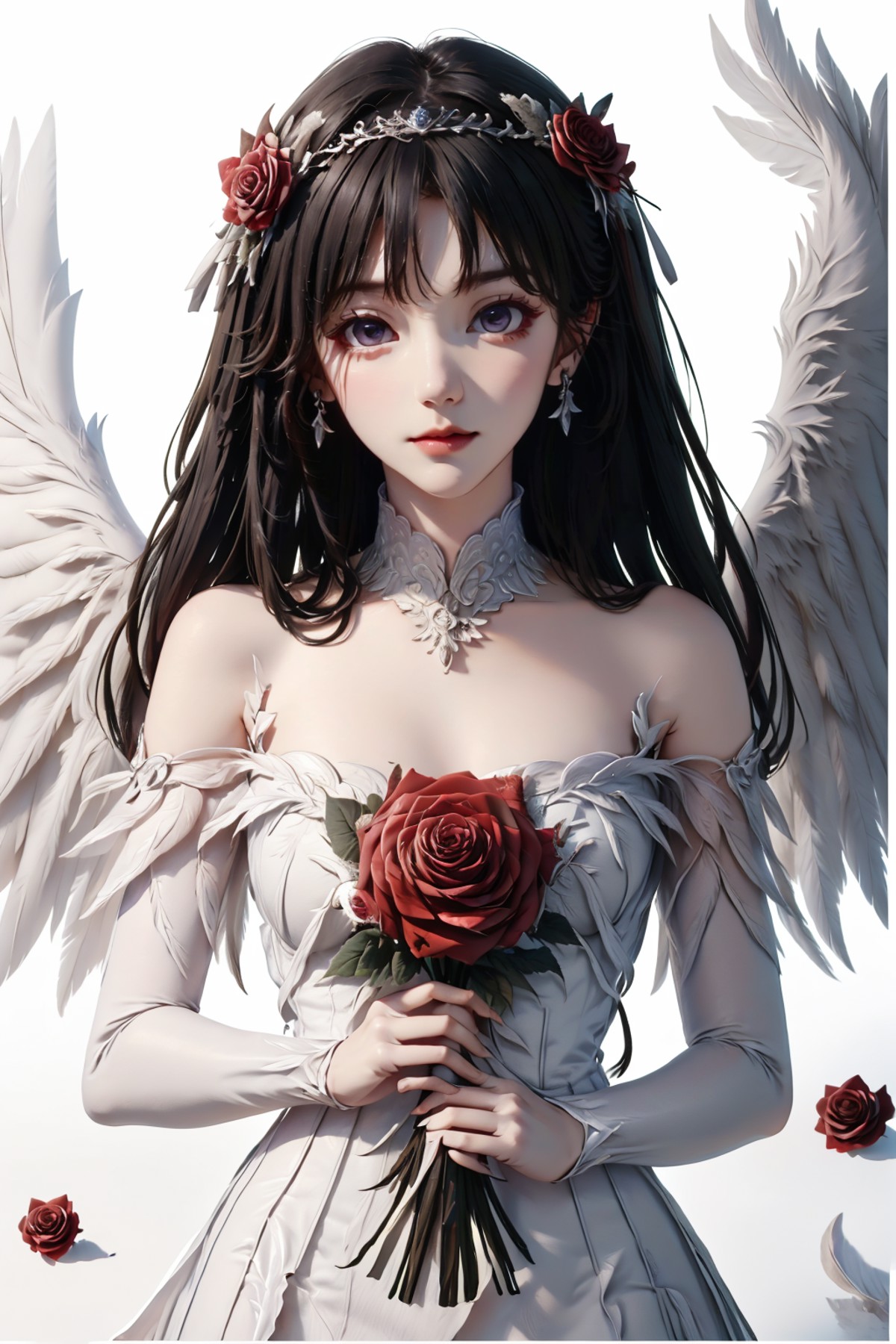 1girl,angel,angel wings,apple,bare shoulders,berry,bird wings,black flower,black rose,black wings,blood,blue rose,bouquet,...