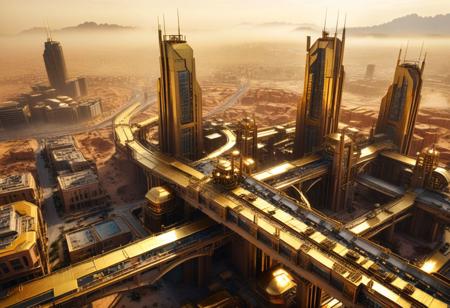 A golden post-apocalyptic futuristic large city, (large city), futuristic gold building, in the desert, golden towers, shiny, metallic, gold bridges, viewed from above,
(foggy background, epic realistic, rutkowski, hdr, intricate details, hyperdetailed, cinematic, rim light, muted colors:1.2)