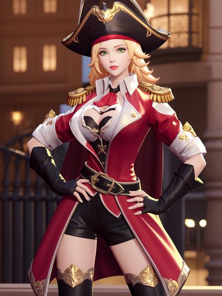 WZRYyujiJLBXJ, 1girl, solo, blonde hair, fingerless gloves, black gloves, green eyes, pirate hat, belt, epaulettes, breasts, looking at viewer, black shorts, ascot, thigh boots, long hair, hat feather, parted lips,coat, medium breasts, <lora:WZRYyujiJLBXJ:0.75>, night, mature female, cityscape, pool, hand on hip,