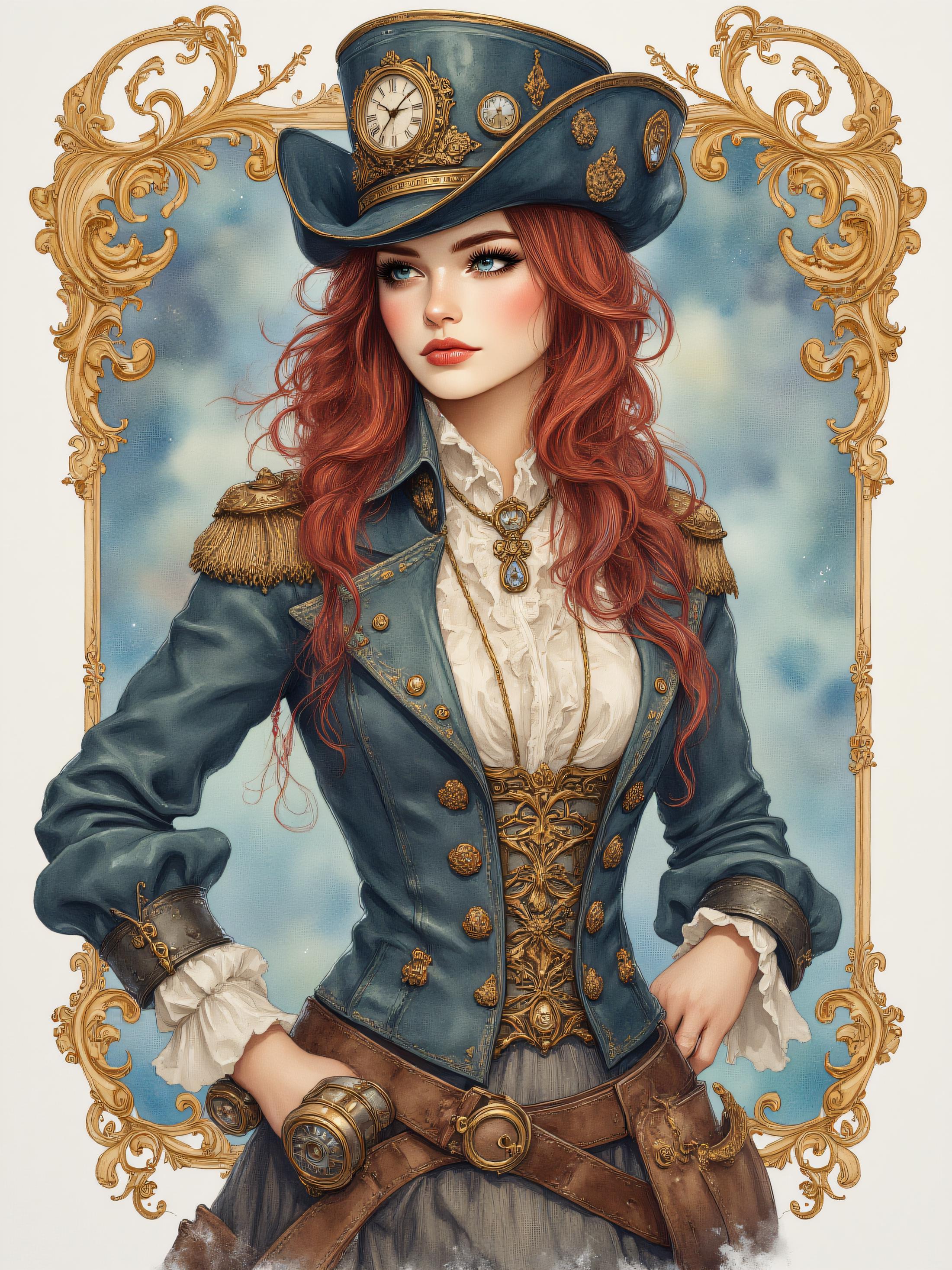 ArsMJStyle, watercolor intricate details, Steampunk Rococo style, A whimsical airship captain, a young woman with long, flowing hair under a tricorne hat adorned with clockwork details. She wears a corseted jacket with puffed sleeves and holds a telescope. The airship behind her is decorated with rococo swirls and brass accents.