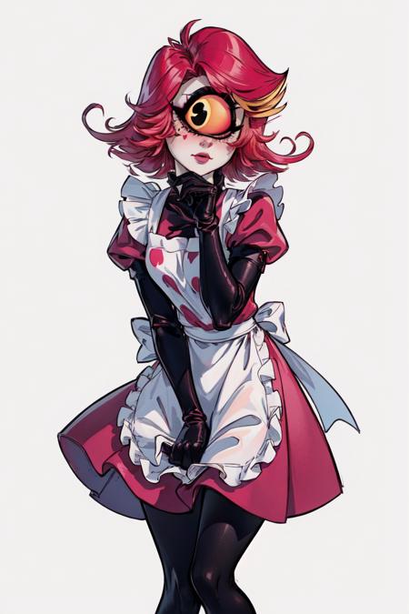 (Niffty) (OriginalOutfit), (white shirt, pink skirt, gloves, black tights), (MaidOutfit), (dress, puffy sleeves, apron, gloves, tights)