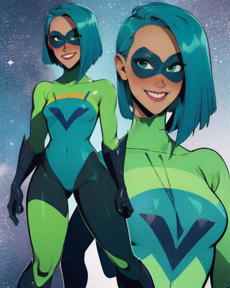 Voyd,blue hair ,dark skin,blue eyes ,short hair, lips, standing, blushing, smiling,  
VoySui, black domino mask multicolored ,bodysuit, boots, skin tight, green sleeves, 
teal background, portals,  stars,
(insanely detailed, beautiful detailed face, masterpiece, best quality)   <lora:Voyd:0.8>