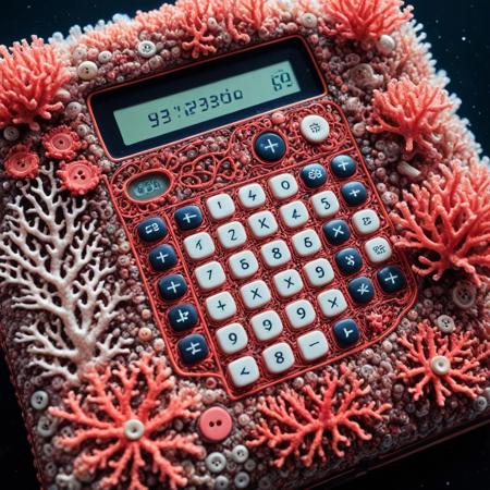 calculator made of coral, under water, buttons, digital screen, calculator, coral, intricate, detail, quality, decorated, embroidery