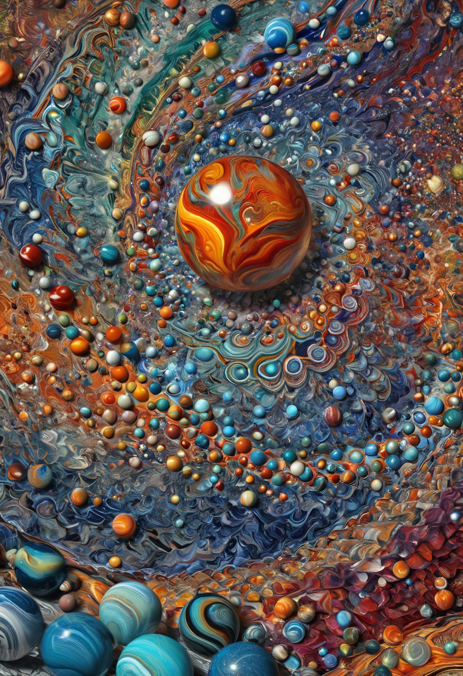 Colorful Abstract Art with a Large Orange, Yellow, and Red Ball in the Middle