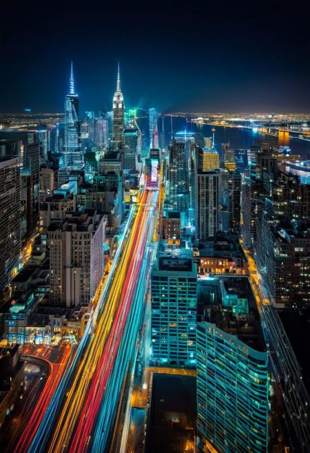 Captivating long-exposure photograph of a bustling cityscape at night. The vibrant city lights create mesmerizing trails, painting the scene with streaks of color and energy. The composition showcases iconic landmarks and architectural marvels, with the city's vibrant nightlife adding a sense of excitement and dynamism to the image.