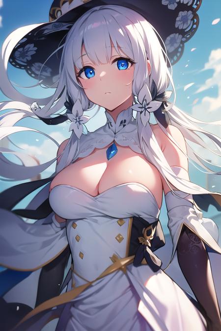 illustrious, <lyco:illustrious-LYCORIStest:1>, 
illustrious, blue eyes, hair ornament, hair ribbon, long hair, mole, mole under eye, white hair,
BREAK dress, elbow gloves, gloves, hat, ribbon, white dress, white gloves, white headwear,
BREAK looking at viewer,
BREAK outdoors,
BREAK <lora:GoodHands-vanilla:1>, (masterpiece:1.2), best quality, high resolution, unity 8k wallpaper, (illustration:0.8), (beautiful detailed eyes:1.6), extremely detailed face, perfect lighting, extremely detailed CG, (perfect hands, perfect anatomy),