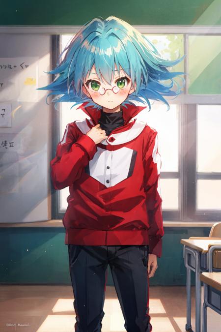 1boy, child, marufujisho, blue hair, short hair, bangs, green eyes, circular glasses, red jacket, pants, embarrassed, blush, standing, classroom <lora:marufuji_sho:1>