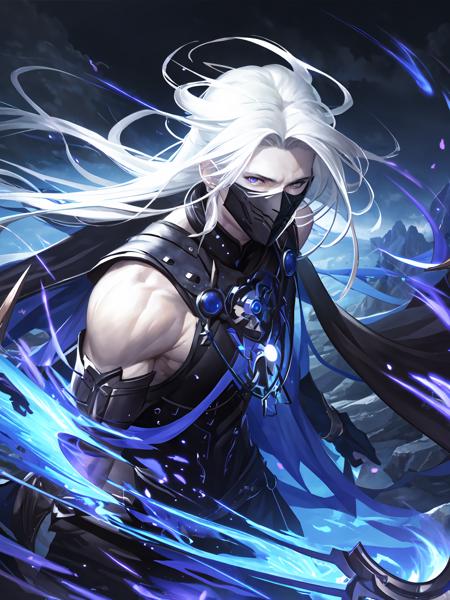 masterpiece,best quality,highres,cinematic lighting,dramatic angle,<lora:ShadowverseRulenyeV3-000045:0.8>  ,1boy,white hair,long hair,blue theme,armor,long robe,muscular,scythe,armor,mask,sad,cowboy shot,holding weapon,sad,looking at viewer,portrait,torn cape,clothing cutout,purple eyes,blue fire,skull,black clouds,gauntlets,gloves,close-up,bare shoulders,painful,bare arms,close-up,pale skin,depth of field,phantom,ghost,close-up