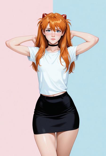pinup, blue pastel background,
1girl, Asuka Langley, beauty face, orange hair, blush,shy, freckles, wide hips, flat chest, looking at viewer, mocking, gigantic wide hips, actor pose, black choker, black pencil skirt, white t-shirt, adult, 21 years old