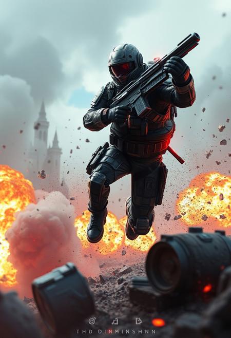 An Aggressive Powerful Cyberpunk soldier leaping into combat!!! Explosions!!! Highly detailed digital poster art, UHD, centered composition, By Wadim Kashin, By Beeple, photorealistic, hyperrealism, dramatic.