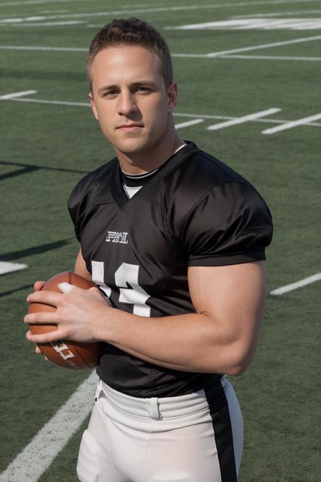 RAW photo, photo of man sc_abe on american football field with eye black <lora:SC_Abe-07:0.8>, 8k uhd, dslr, soft lighting, high quality, film grain, Fujifilm XT3