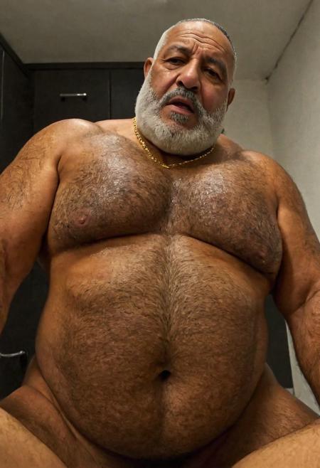 (photo, realistic, raw), (nighttime, at night, dark, dark hard shadows, cinematic atmosphere, movie grain, hazey atmosphere), medium shot, erotic, pornographic, brurtal gay anal sex, hardcore old gay sex, closeup from below, closeup of face, portrai, (indian, arab, turkish, greek, brute, brutal, gentleman, etherial, spiritual, emperor, king, god), old burly buff hairy gentleman, old hairy obese manly mature man, combed back hair,  doublechin, old tanned grandpa, wrinkly neck, proud big hairy chest, thick neck, hairy armpits, tanned skin, tight golden spandex, gold jewellery, gold necklace, swaety oily oiled skin, in a dark locker room at night, nighttime, face very close to viewer, looking directly at viewer arrogant disgusted smile, intimite situation, romantic atmosphere, intimate lustful disappointed expression, sad expression, belly and pecs from below, face portrait from below, closeup face,