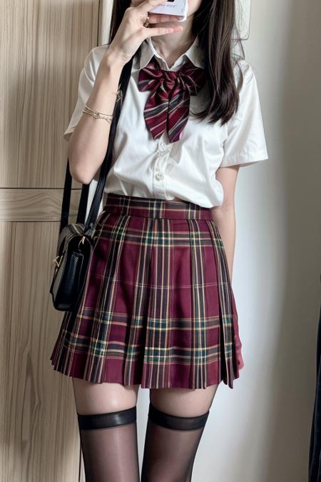 (raw photo,realistic, )1girl,solo,skirt,white shirt,shirt,handbag,shoes,bracelet,jewelry,looking at viewer,narrow shoulder width,flat chest,pleated skirt,red plaid skirt,photorealistic,black thighhighs,<lora:szsjk:0.6>,cardigan,over-kneehighs,black pantyhose,<lora:more_details:0.8>,bowtie,night