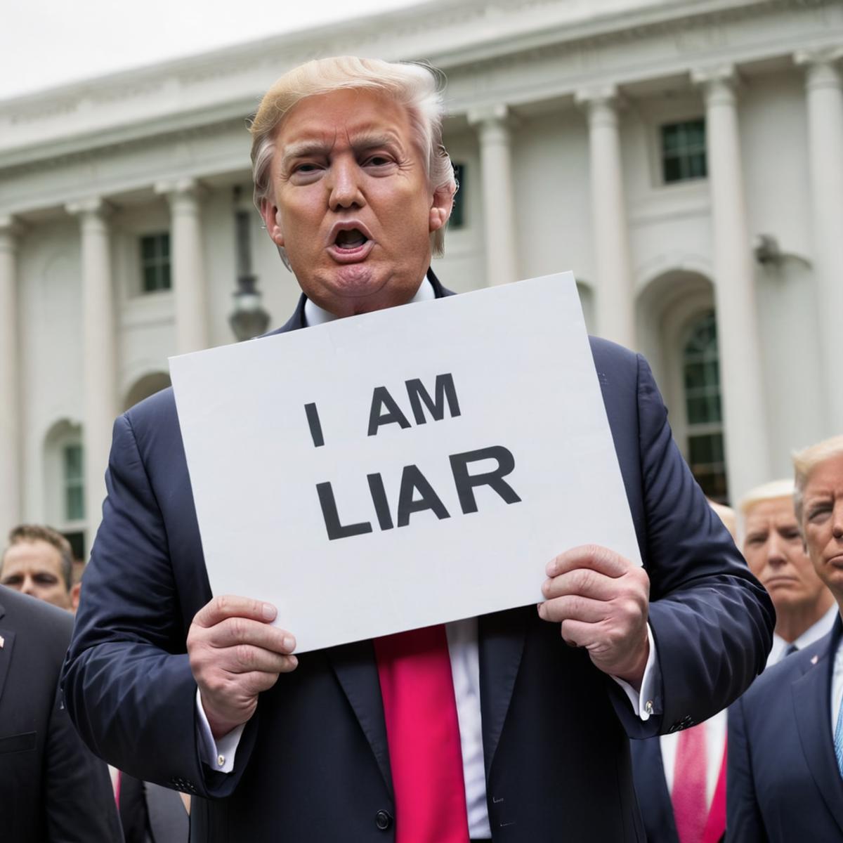 A man holding a sign that says "I am liar" in front of a building.