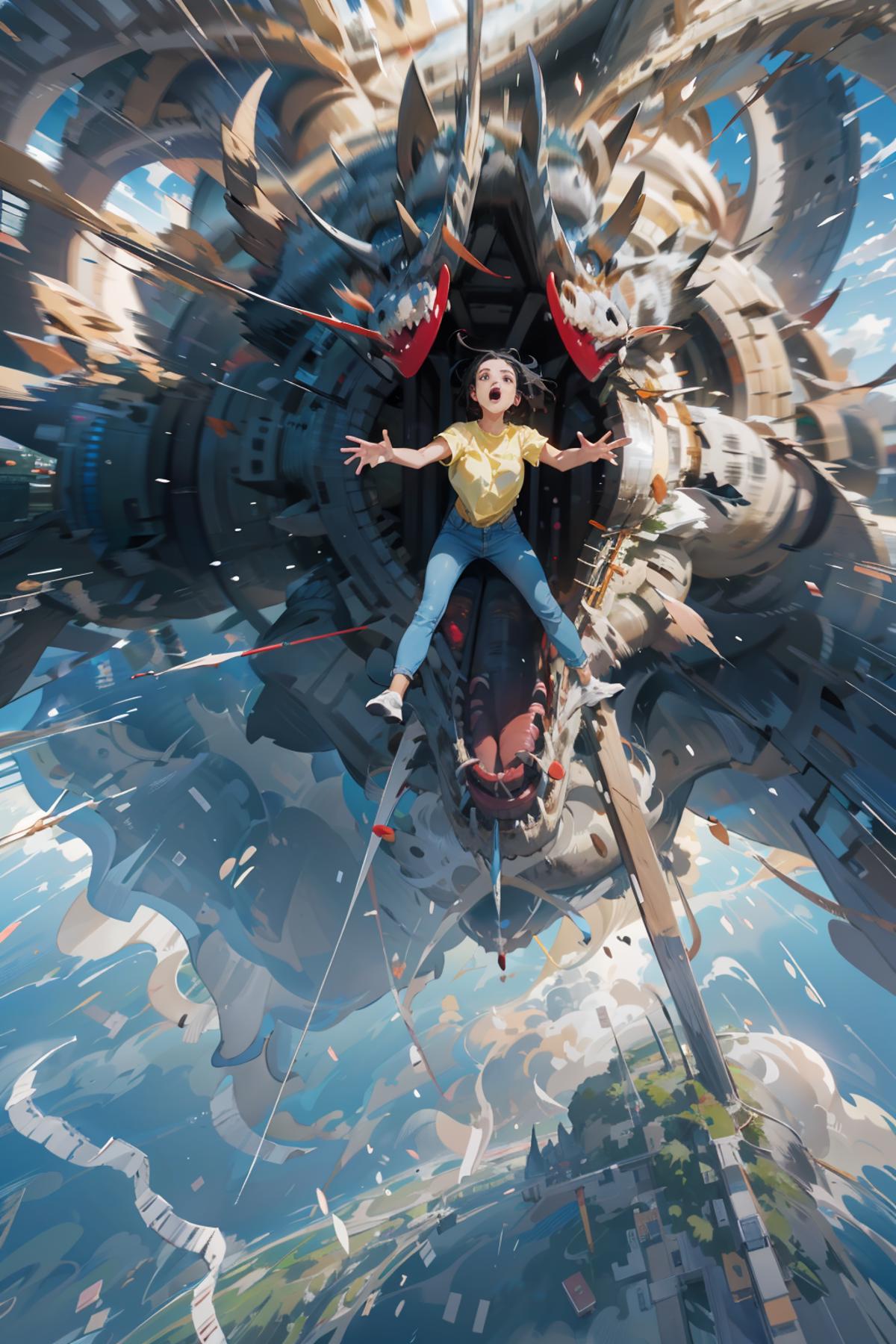 A woman in a yellow shirt is riding a giant robotic dragon.