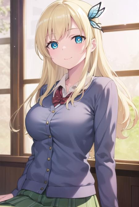 senakashiwazaki, <lora:sena kashiwazaki s2-lora-nochekaiser:1>,
sena kashiwazaki, long hair, blonde hair, hair ornament, aqua eyes, butterfly hair ornament, lips, smile,
BREAK school uniform, cardigan, st. chronica academy school uniform, skirt, green skirt, pleated skirt,
BREAK indoors, classroom,
BREAK looking at viewer, (cowboy shot:1.5),
BREAK <lyco:GoodHands-beta2:1>, (masterpiece:1.2), best quality, high resolution, unity 8k wallpaper, (illustration:0.8), (beautiful detailed eyes:1.6), extremely detailed face, perfect lighting, extremely detailed CG, (perfect hands, perfect anatomy),