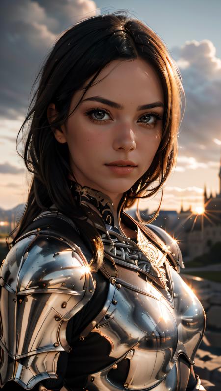 Portrait of a girl, the most beautiful in the world, (medieval gold armor), metal reflections, upper body, outdoors, intense sunlight, far away castle, professional photograph of a stunning woman detailed, perfect bobbed sexy intense black hair, sharp focus, dramatic, award winning, cinematic lighting, volumetrics dtx, (film grain, blurry background, blurry foreground, bokeh, depth of field, sunset,interaction, Perfect chainmail), (masterpiece), (extremely intricate:1.3), (ultra realistic),