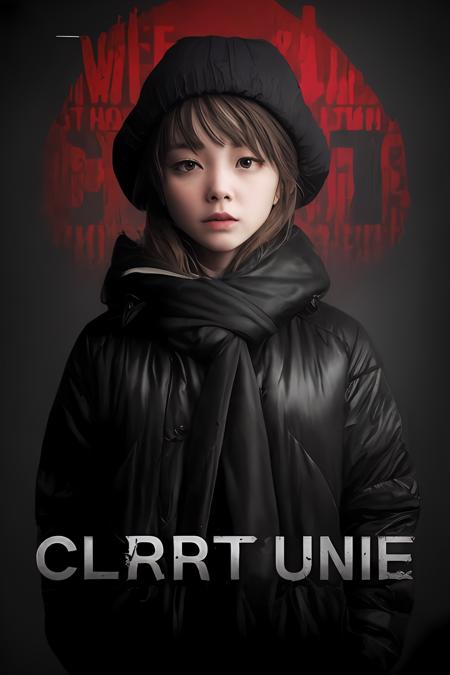 e style thriller posterl,1girl, solo,character name, english font,