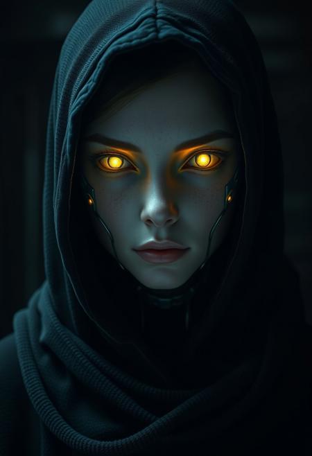 The image depicts a photorealistic portrayal of a young woman humanoid figure with a highly detailed and eerie appearance. The character's face is a blend of human and robotic features, with a smooth, metallic surface covering parts of the skin. Mechanical elements are visible around the eyes and cheeks, hinting at a cybernetic or android identity. The eyes glow bright yellow, emitting an intense, almost otherworldly light, contrasting with the dark, shadowy background.
The figure is dressed in a black hooded cloak, which blends into the dim surroundings, giving the character a mysterious, almost ominous presence. The hood covers much of the head, leaving the illuminated eyes as the most striking feature. The atmosphere is dark, industrial, and dystopian, with subtle texture on the clothing suggesting rough, worn materials. The lighting emphasizes the cold, mechanical aspects of the character’s face, adding to the unsettling yet captivating mood. The attention to detail in the textures of the metal parts and the shadows on the cloak creates an impression of photorealistic precision. (8k, RAW photo, best quality, ultra high res, depth of field:1.1), (absurdres, intricate, photorealistic, masterpiece, ultra-detailed)