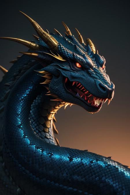 Asian dragon, gold blue snake gradient vibrant neon colour, rough, textural, broad brush strokes, red color prominent detailed, alienzkin, silhouette, spotlight, dark theme, c4d, blender, raytracing, unreal engine 5, render 3d, face close up,
