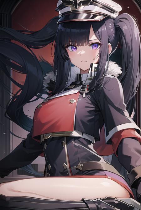 peterstrasser, <lyco:peterstrasser-lyco-nochekaiser:1>,
peter strasser, black hair, hair over one eye, long hair, one eye covered, (purple eyes:1.1), twintails,
BREAK armored boots, black coat, black footwear, black ribbon, boots, buttons, cape, coat, fur trim, fur-trimmed cape, gloves, hat, high heels, military hat, peaked cap, red cape, ribbon, stiletto heels, white gloves, white headwear,,
BREAK looking at viewer,
BREAK indoors,
BREAK <lyco:GoodHands-beta2:1>, (masterpiece:1.2), best quality, high resolution, unity 8k wallpaper, (illustration:0.8), (beautiful detailed eyes:1.6), extremely detailed face, perfect lighting, extremely detailed CG, (perfect hands, perfect anatomy),