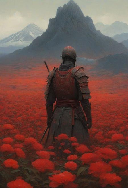 digital artwork by Beksinski, samurai, flowers, vibrant colors, red theme, gray theme, armor, blood stream, fuji mountain