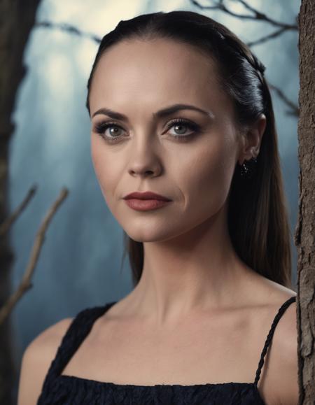 cinematic film still The image depicts a (ohwx woman:1.3) character with pale skin, large expressive eyes, and sleek black hair that is parted down the middle and styled into two tight braids. She's wearing a black dress, and her posture exudes a calm, serious demeanor. The ambiance is dark, foggy with moonlight. The background appears to be a somewhat eerie cemetery setting with bluish tones and barren branches. <lora:ricci_lora_sdxl_v1-000008:1> . shallow depth of field, vignette, highly detailed, high budget, bokeh, cinemascope, moody, epic, gorgeous, film grain, grainy